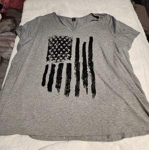 SHEIN Gray V-Neck Tee with Distressed Black Flag Graphic